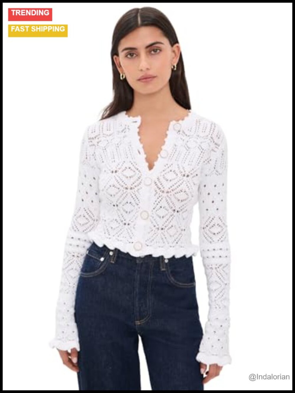 Retrofete Women's Pointelle Knit Cardigan Ruffled Trim Long Sleeve